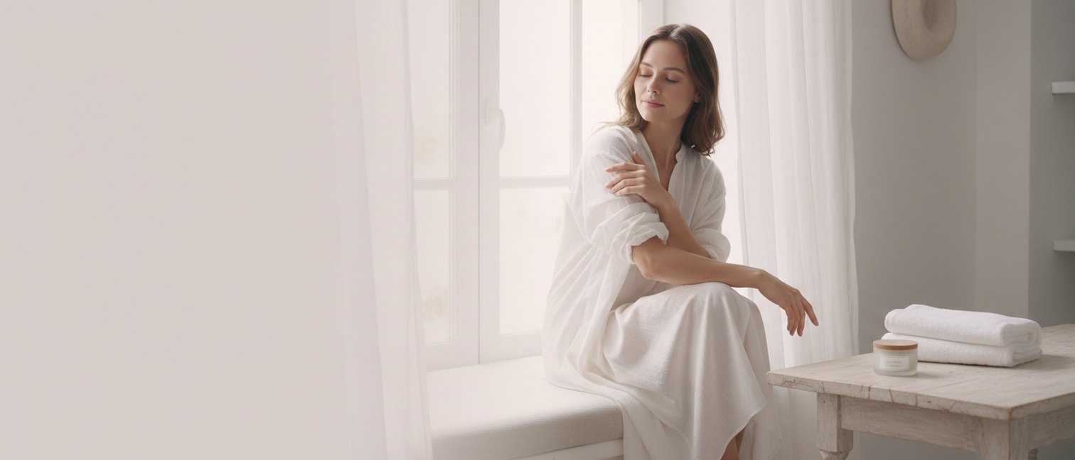 Femme touchant doucement son avant-bras dans une lumière matinale