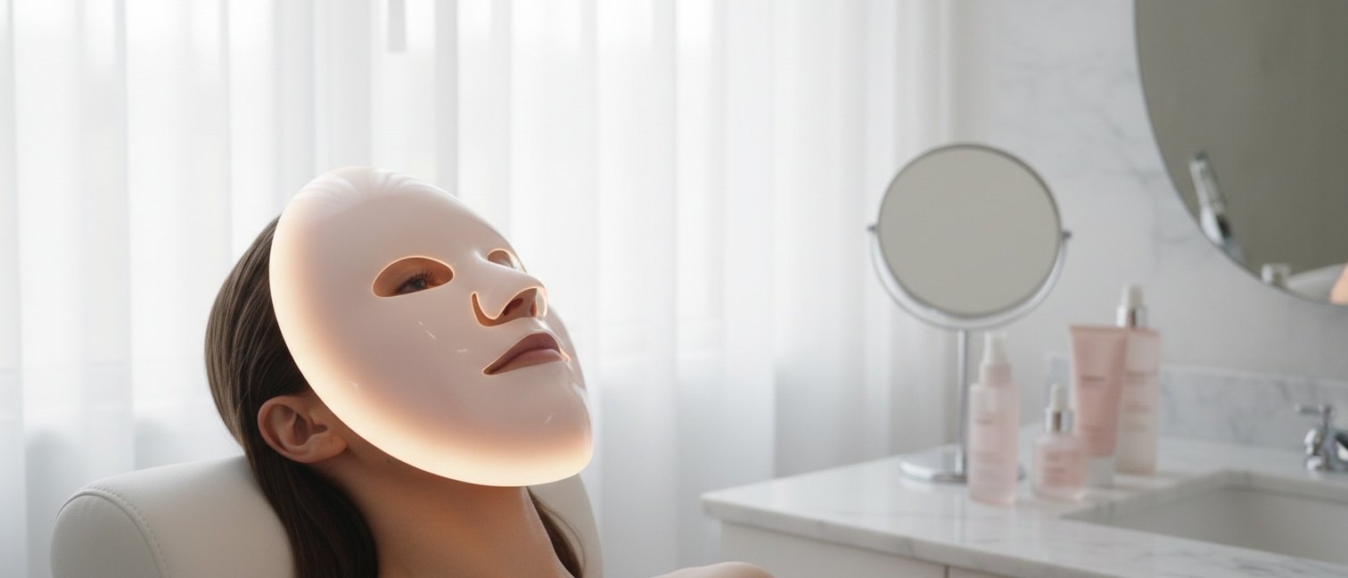 Femme détendue portant un masque LED lumineux dans une salle de bain lumineuse
