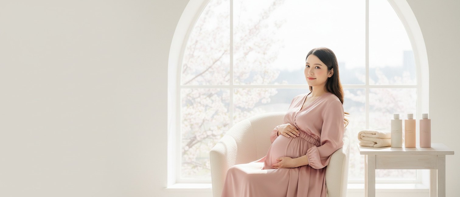 Femme enceinte assise près d'une fenêtre avec des flacons de soin sur une table